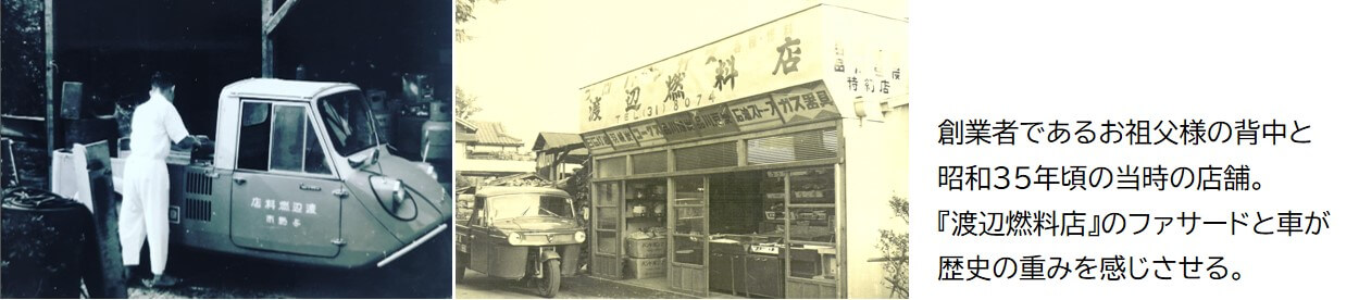 創業者であるお祖父様の背中と昭和35年頃の当時の店舗